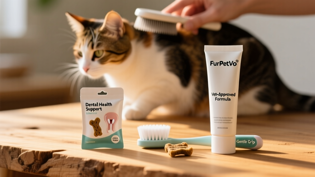 Assortment of FurPetVo dental products: toothpaste tube, finger brush, and chewable dental treats arranged neatly on a clean surface