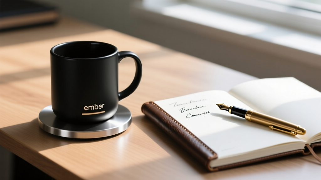 Matte black Ember Temperature Control Mug 2 resting on its metallic charging coaster beside a notebook and fountain pen