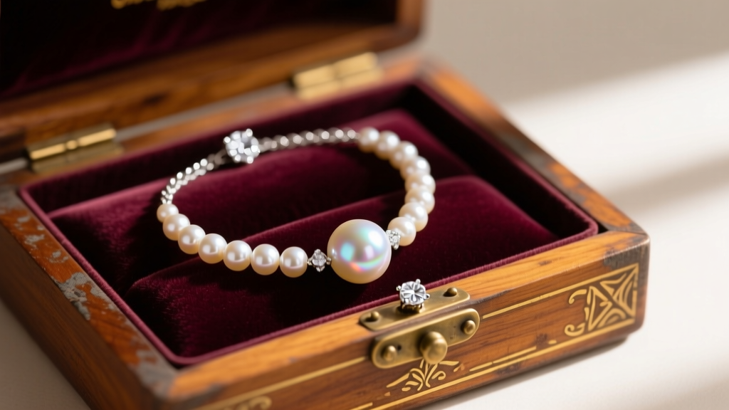 Natural Basra pearl necklace with a diamond and platinum clasp resting inside a velvet-lined mahogany antique jewelry box