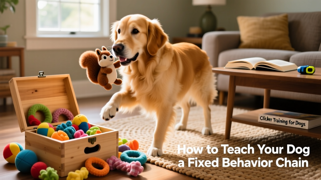 A dog holding a plush toy in its mouth, standing near an open toy box