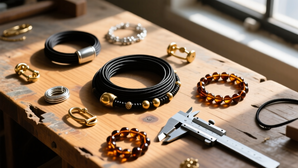Overhead view of waxed polyester cord, steel clasps, brass beads, and calipers arranged on a rustic wooden jewelry workbench