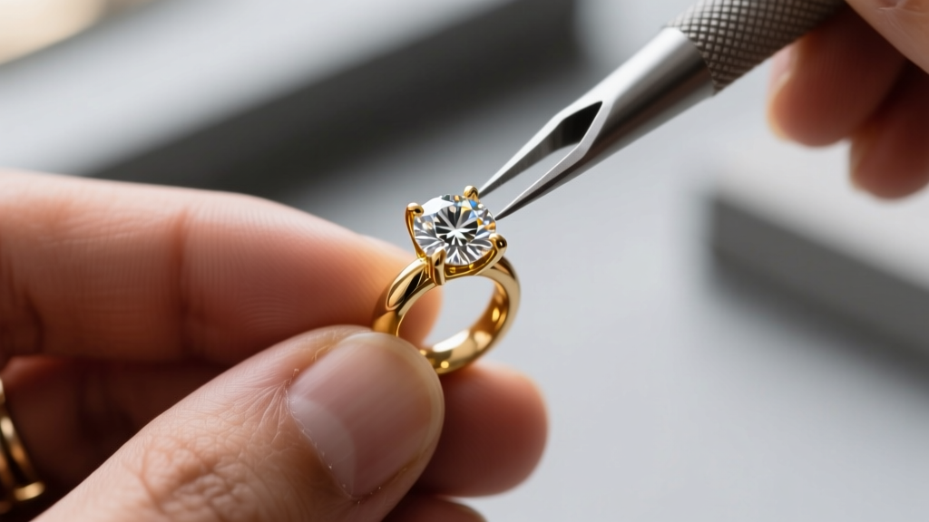Close-up of a jeweler securing a round diamond into a 14k gold four-prong basket earring setting using a metal pusher tool