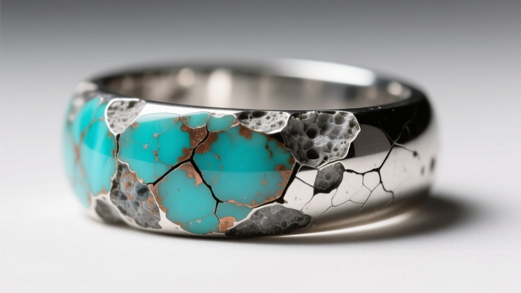 Macro shot of a turquoise silver ring showing severe chemical damage and color fading on the porous stone from harsh silver dip.