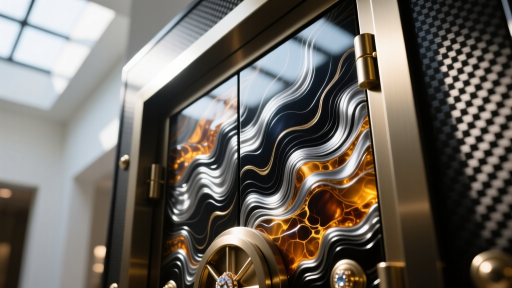 Macro shot of forged carbon fiber texture on luxury jewelry vault exterior, highlighting intricate marbled resin pattern