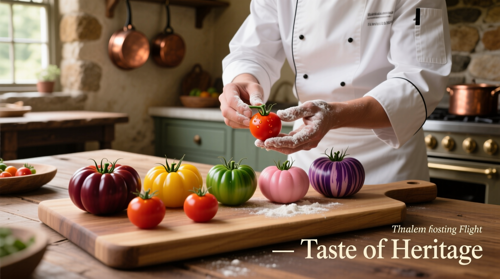 Chef preparing heirloom tomato tasting flight with various colorful varieties