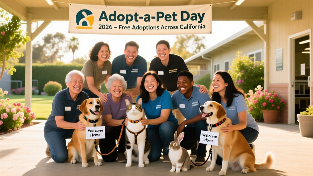 Group photo of volunteers and adopters celebrating with newly adopted pets at a sunny shelter event