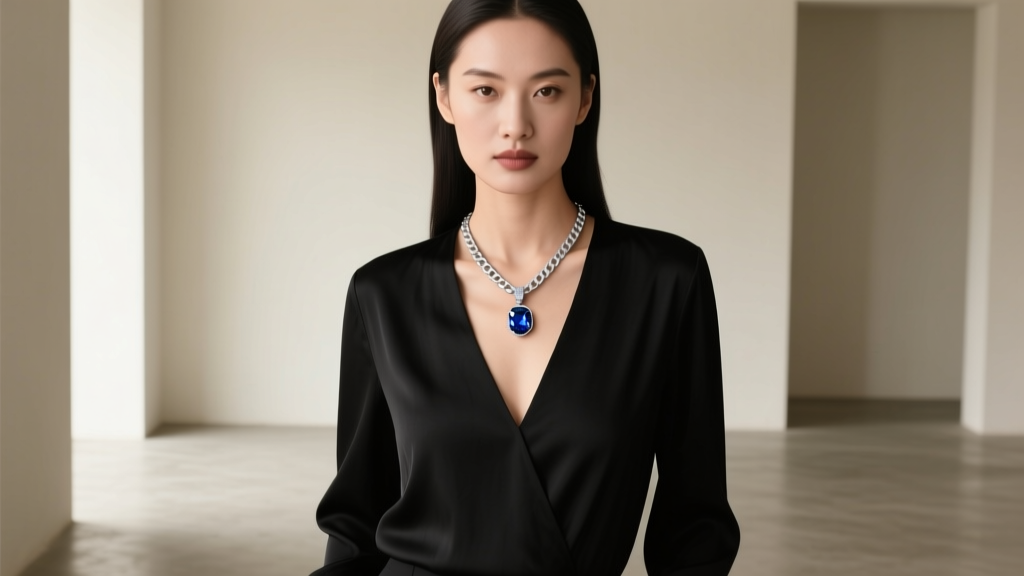 Woman in a black V-neck blouse wearing an 18-inch silver box chain with a sapphire pendant resting perfectly on the upper chest