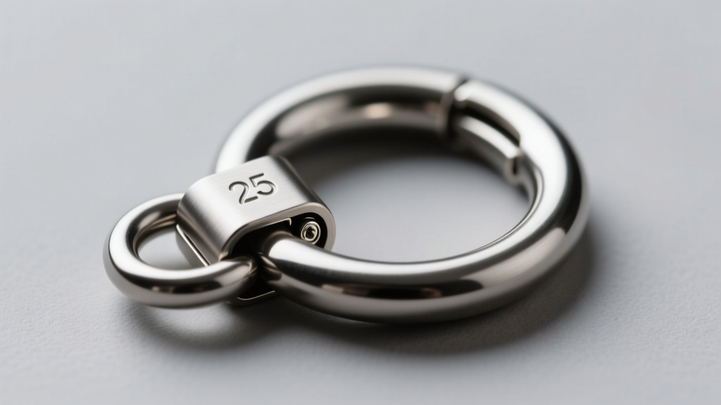 Close-up of a titanium 25 mm hoop clicker clasp partially open, revealing the internal locking groove and precise hinge pin