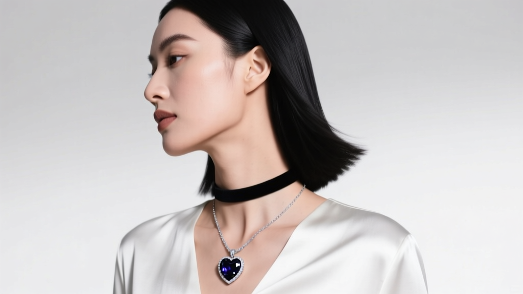 Side profile of a woman wearing a black spinel heart pendant and a delicate black diamond choker against a white silk blouse