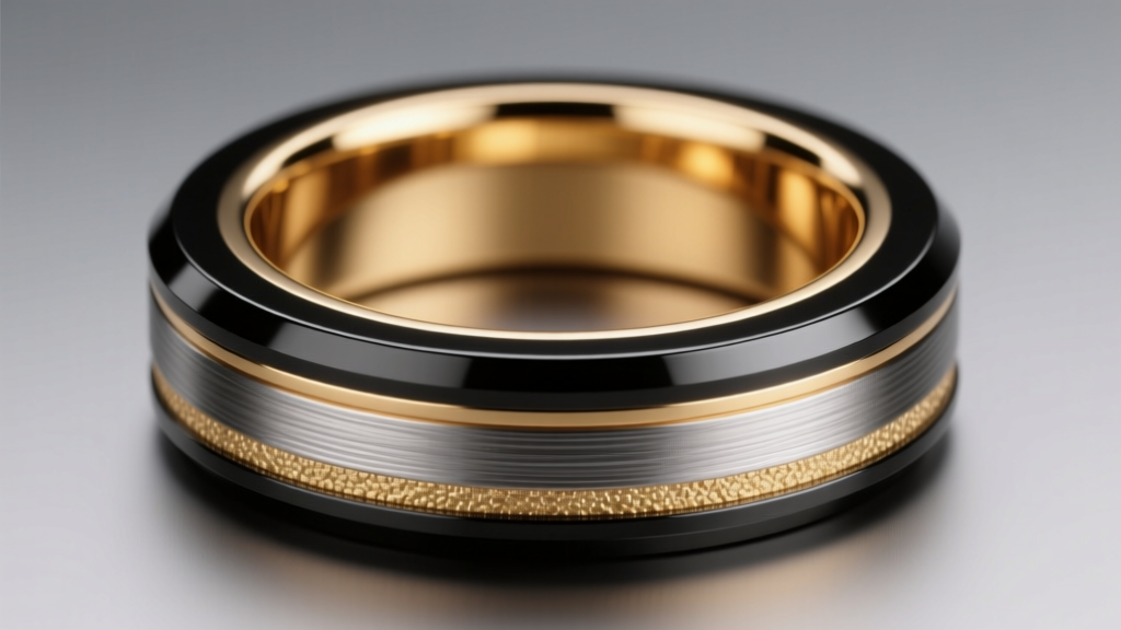 Microscopic cross-section illustration of a black rhodium plated 14k gold ring, highlighting the underlying nickel strike layer