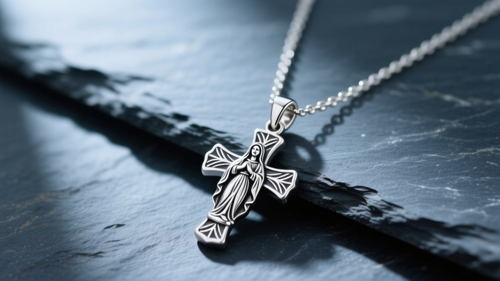 A 925 sterling silver virgin mary and cross necklace on dark slate, highlighting cast details and oxidized background.