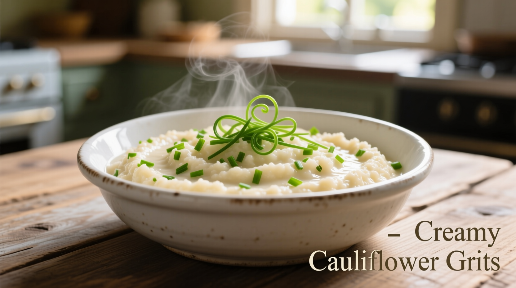 Creamy cauliflower grits in white bowl with chives