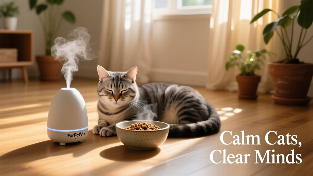 A serene cat resting near a FurPetVo diffuser and a bowl of calming food