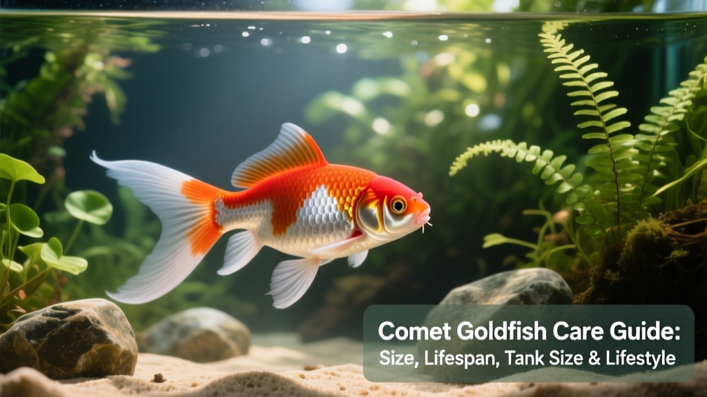 A healthy adult Comet goldfish swimming gracefully in a well-planted freshwater aquarium