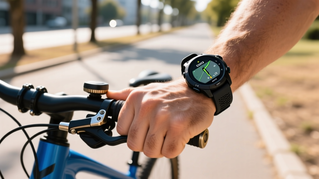 Close-up of a man s wrist wearing a rugged GPS smartwatch while adjusting a bicycle handlebar gear shifter outdoors in bright sunlight