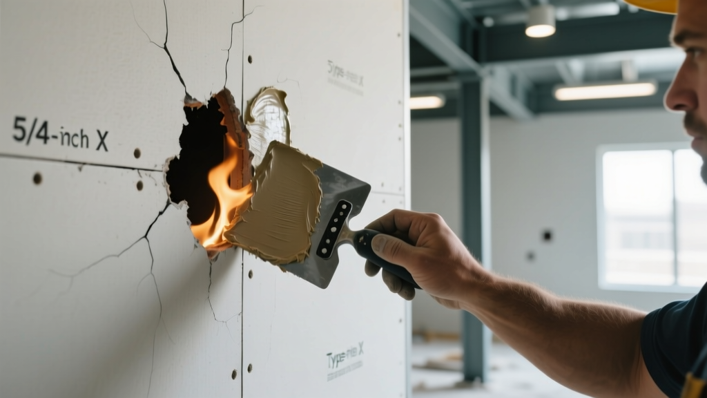 Close-up of a contractor applying fire-rated setting joint compound over a patched hole in a thick 5/8-inch Type X gypsum board firewall