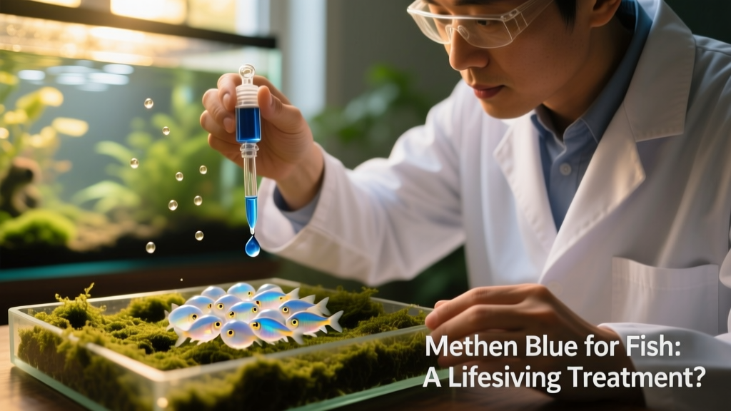Aquarium technician gently applying methylene blue solution to a clutch of fish eggs using a dropper