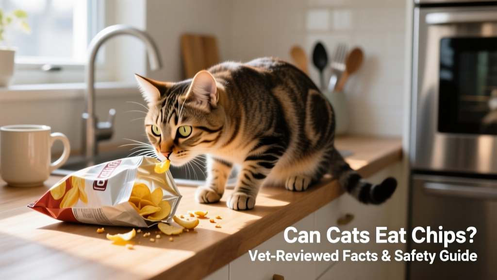 A curious cat sniffing a half-open bag of potato chips on a kitchen counter