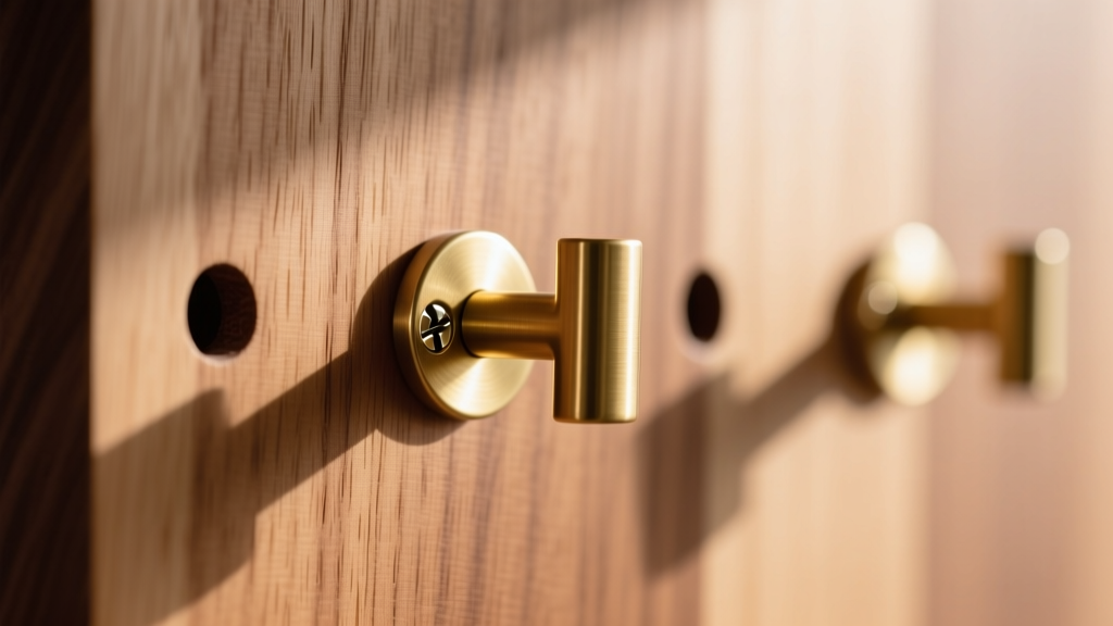 Close-up of solid brass cup hooks screwed into pre-drilled pilot holes on a sanded cedar board, highlighting the clean wood grain