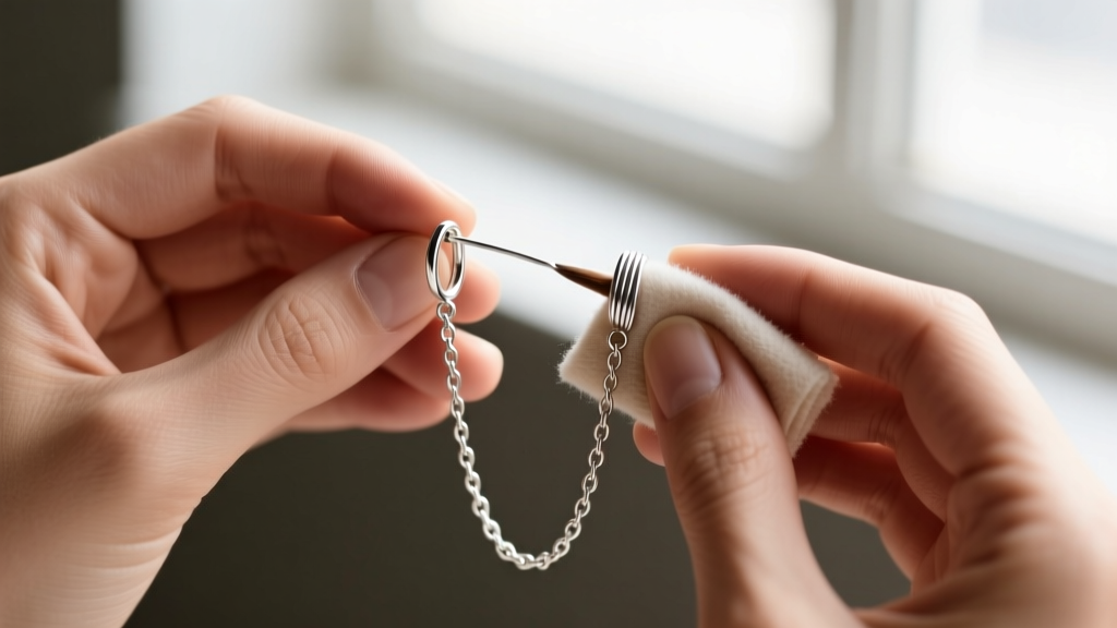 Close-up of hands using a soft cloth to buff the delicate 20-gauge wire and soldered chain of a sterling silver threader earring.