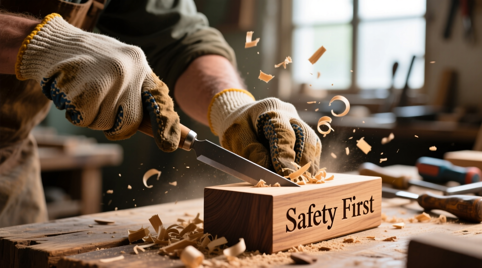 Hand carving a wooden block with safety gloves