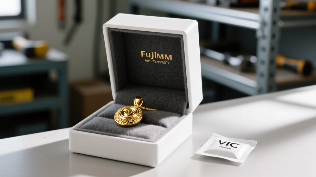 Open anti-tarnish box with charcoal felt, holding a bright gold-filled pendant and a small white VCI vapor inhibitor strip.