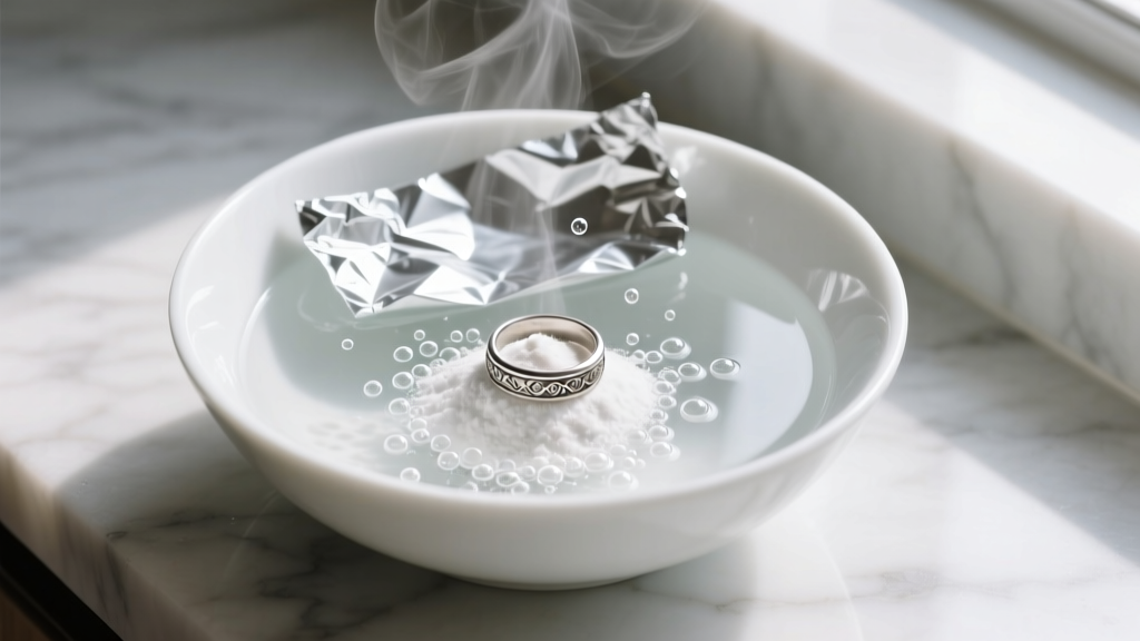 Overhead view of glass bowl with hot water, foil, and baking soda, showing a submerged silver ring emitting tiny cleaning bubbles.