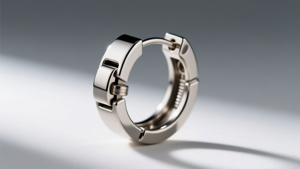 Macro shot of a hinged clicker clasp on a steel orbit earring, showing the interlocking mechanism and an 18-gauge thickness post.