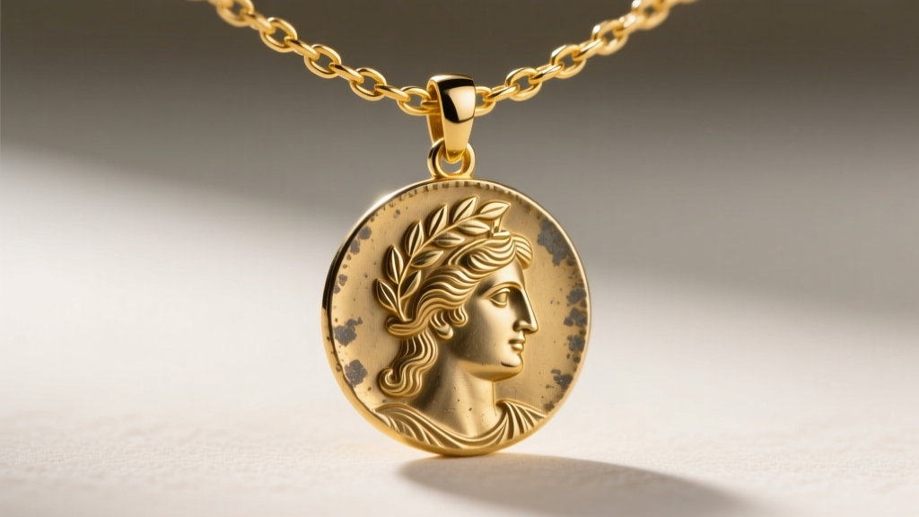 Extreme close-up of a 1.5mm 18k yellow gold rolo chain threading through a textured 20mm ancient Greek Athena coin pendant bail