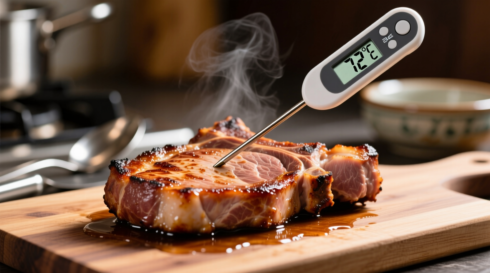 Digital thermometer measuring pork temperature in a juicy pork chop