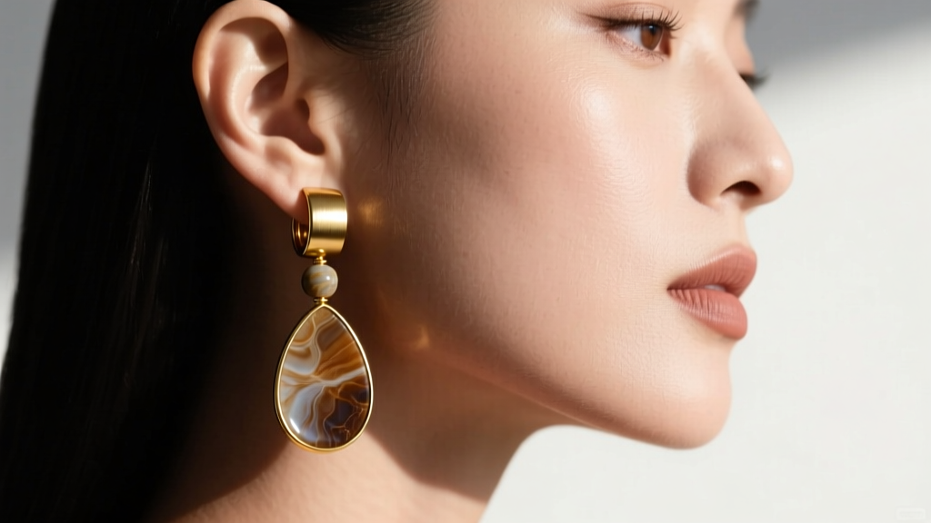Side profile of a woman wearing teardrop otolith dangles, showing how a thick gold ear wire supports the heavy organic stone
