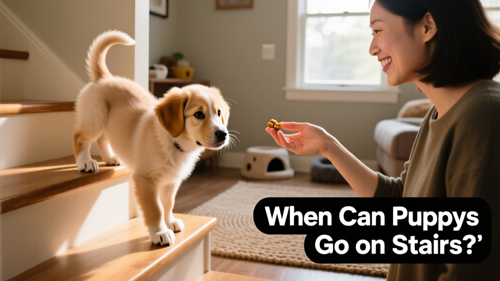 A confident 14-week-old puppy carefully stepping up one stair with owner nearby offering encouragement and a treat