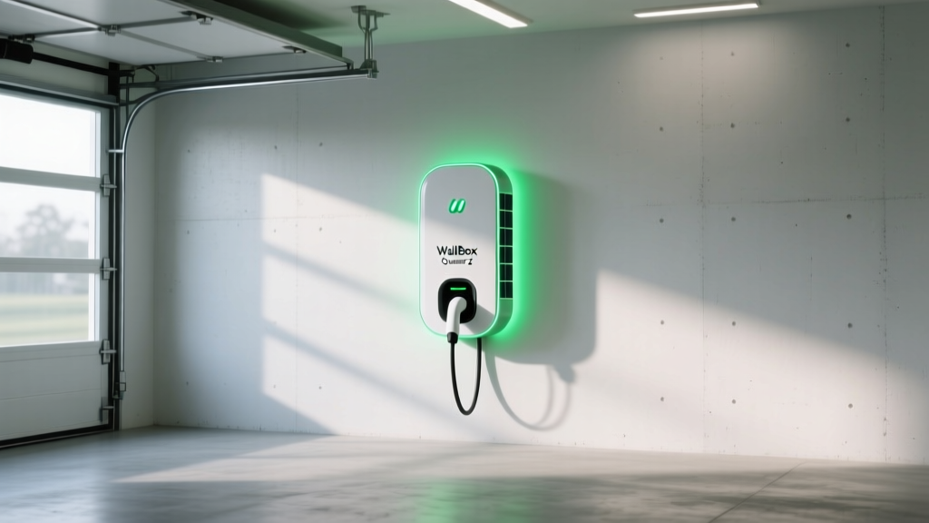 Sleek Wallbox Quasar 2 bi-directional EV charger on a modern garage wall, glowing green to indicate active solar charging.