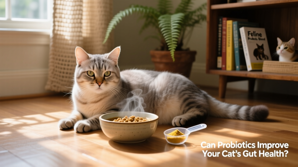 Senior cat resting comfortably beside a bowl of food with a small scoop of probiotic powder nearby