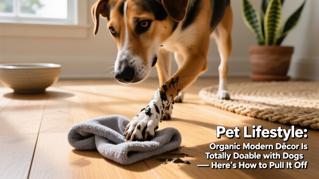 Close-up of a gray microfiber shammy towel being used to gently dry a dog's muddy paw on a light hardwood floor