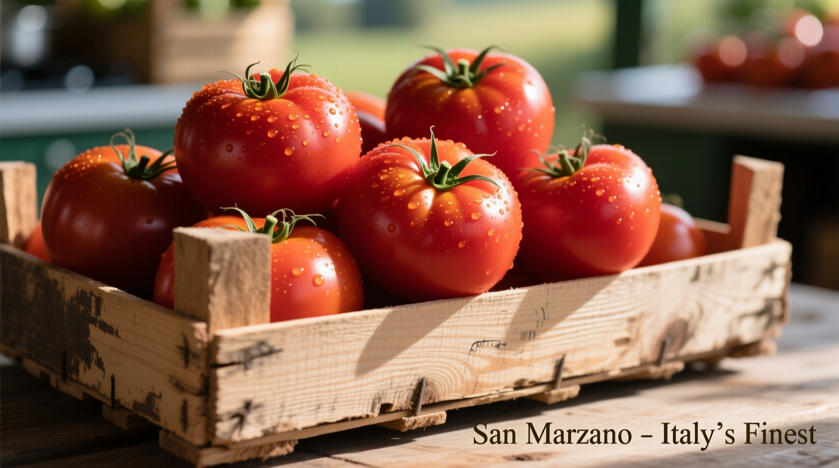 Fresh San Marzano tomatoes in wooden crate