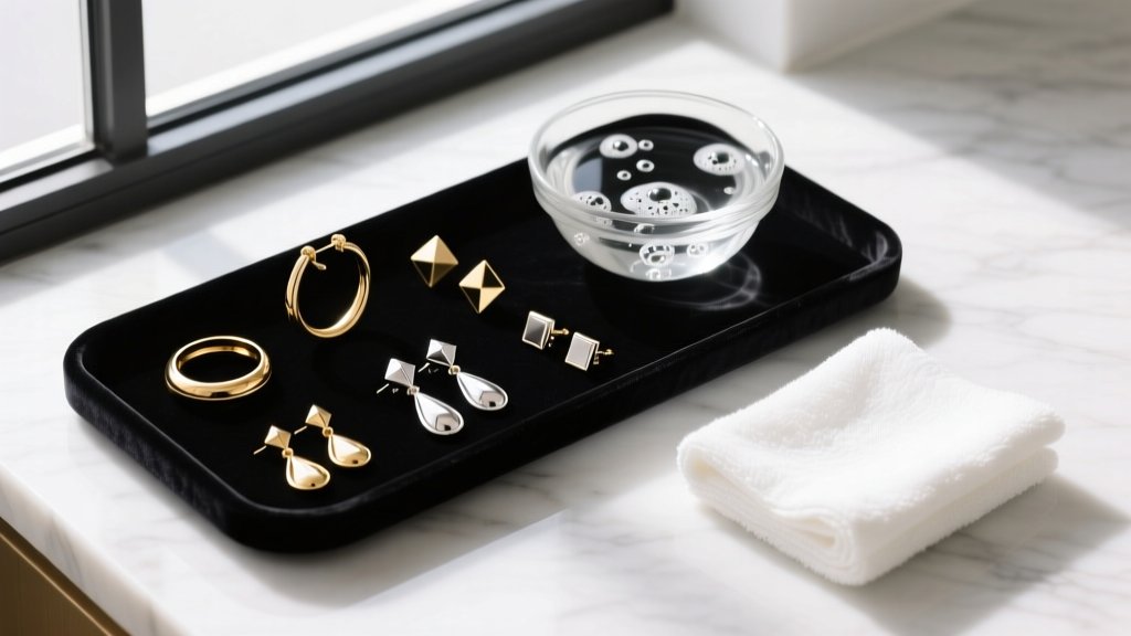 Overhead view of a velvet tray holding mixed gold and silver earrings beside a bowl of soapy water and a soft microfiber cloth.