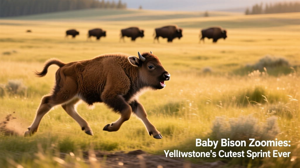 Baby bison running in wide grassy field at Yellowstone National Park, with herd visible in background