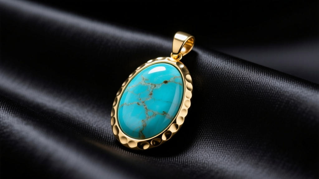 Raw turquoise stone pendant in a hammered 14k gold bezel resting on dark silk fabric under soft, directional studio lighting.