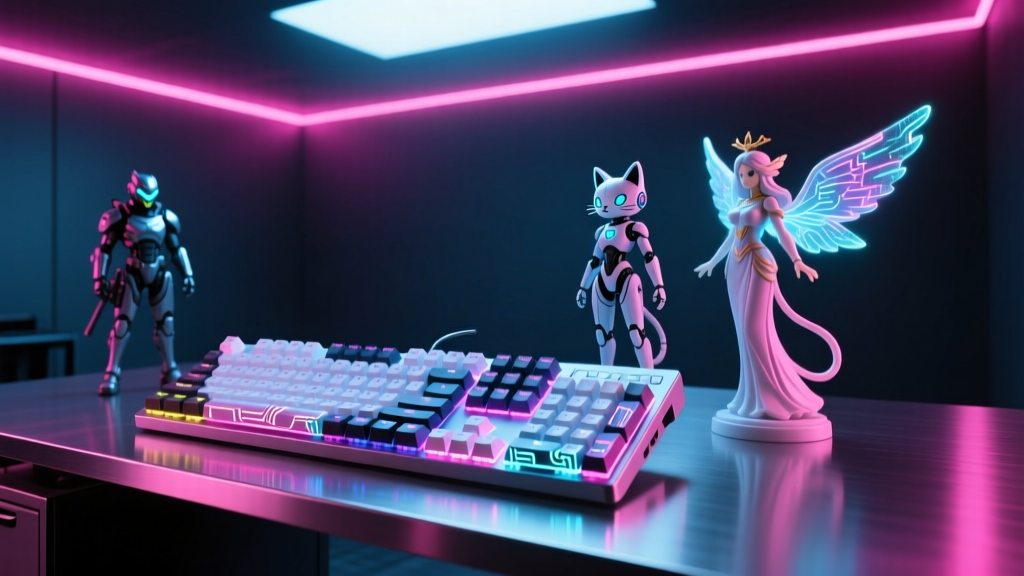 Dark room illuminated by pink and blue neon lights, showcasing a metal desk with an anime mechanical keyboard and figurines.