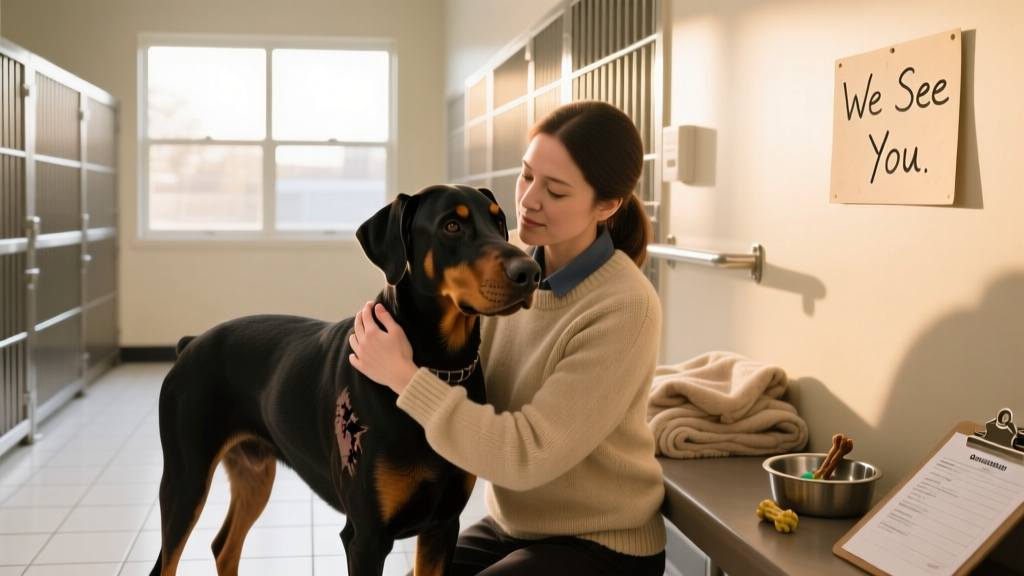 A compassionate shelter staff member gently interacting with a Doberman in a clean, sunlit intake room