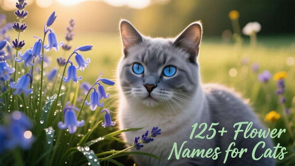 Close-up of a blue-eyed gray cat resting beside a cluster of blooming bluebells and lavender under soft natural light
