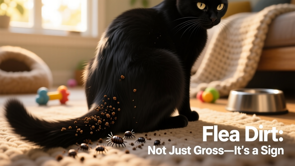 Close-up of dark specks resembling coffee grounds in a cat's fur near the tail base
