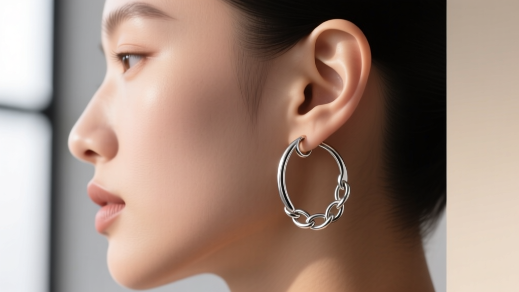 Side view of lightweight 5mm Cuban link cartilage hoops, demonstrating the ergonomic curve and snug fit on the upper ear helix
