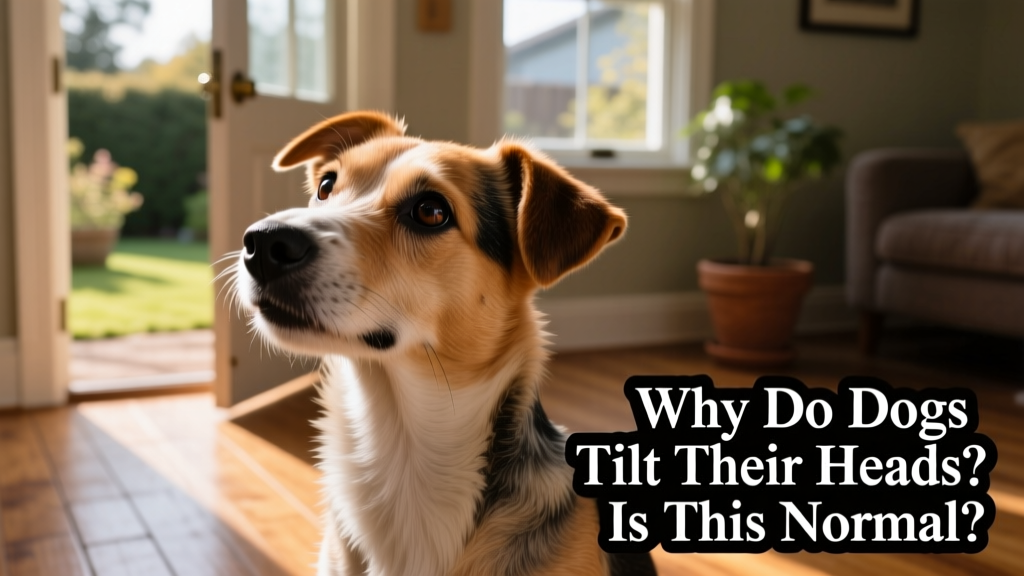 A young terrier mix tilting its head curiously while hearing a rustling sound off-camera