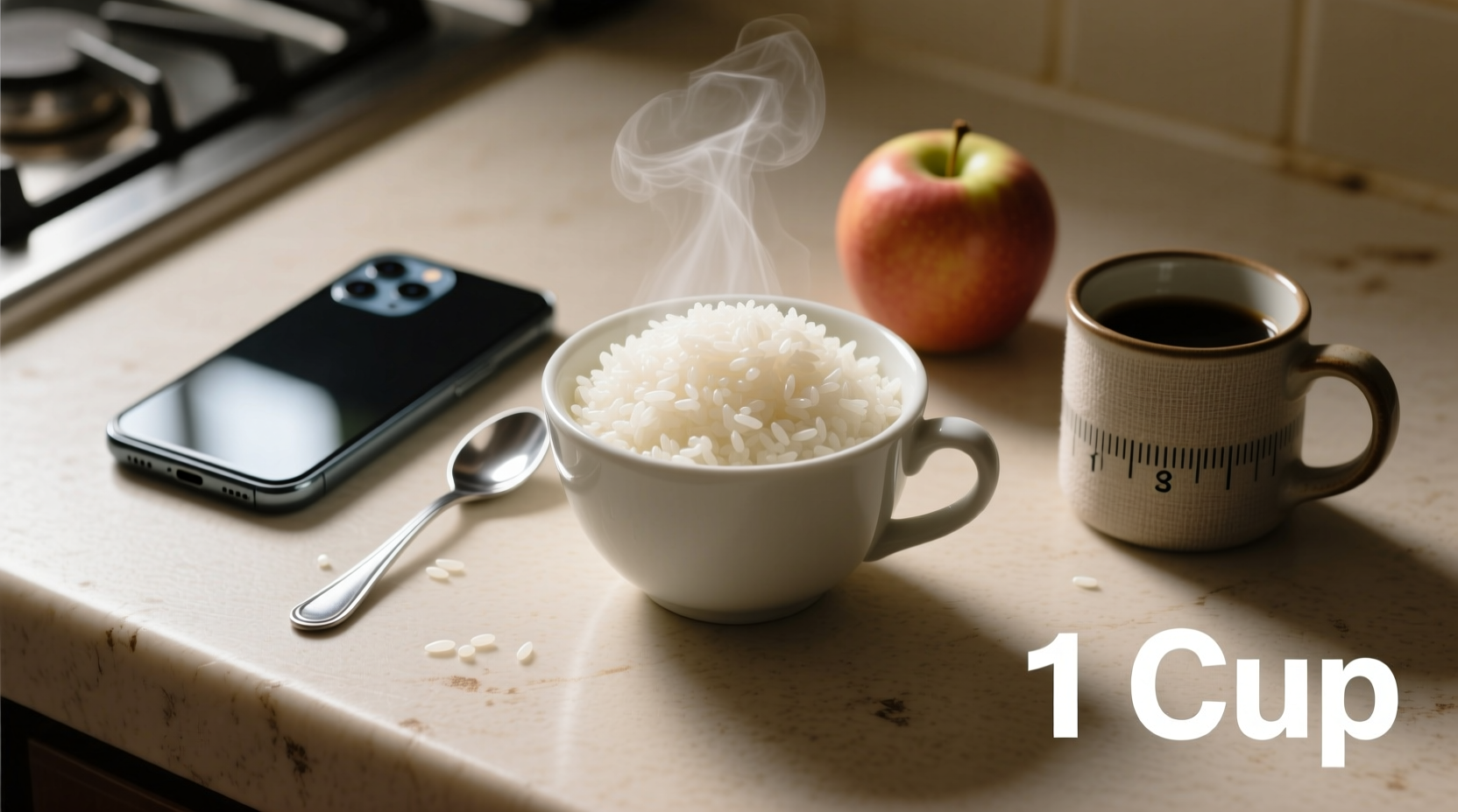 Measuring cup showing one cup of cooked rice next to common objects