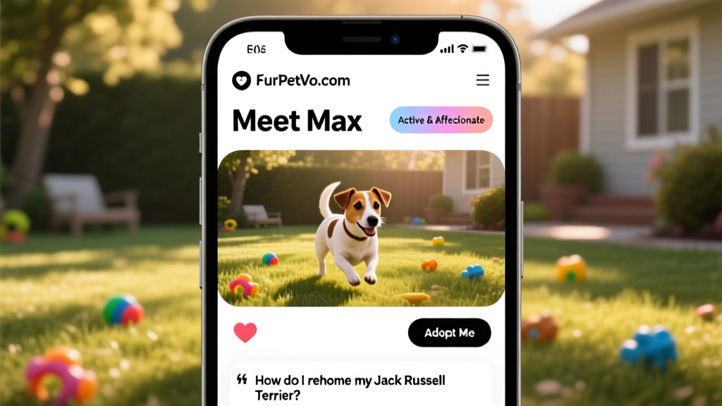 Screenshot-style graphic showing a mobile-friendly FurPetVo.com profile page for a Jack Russell Terrier, highlighting 'Meet Max' headline and 'Active & Affectionate' tags
