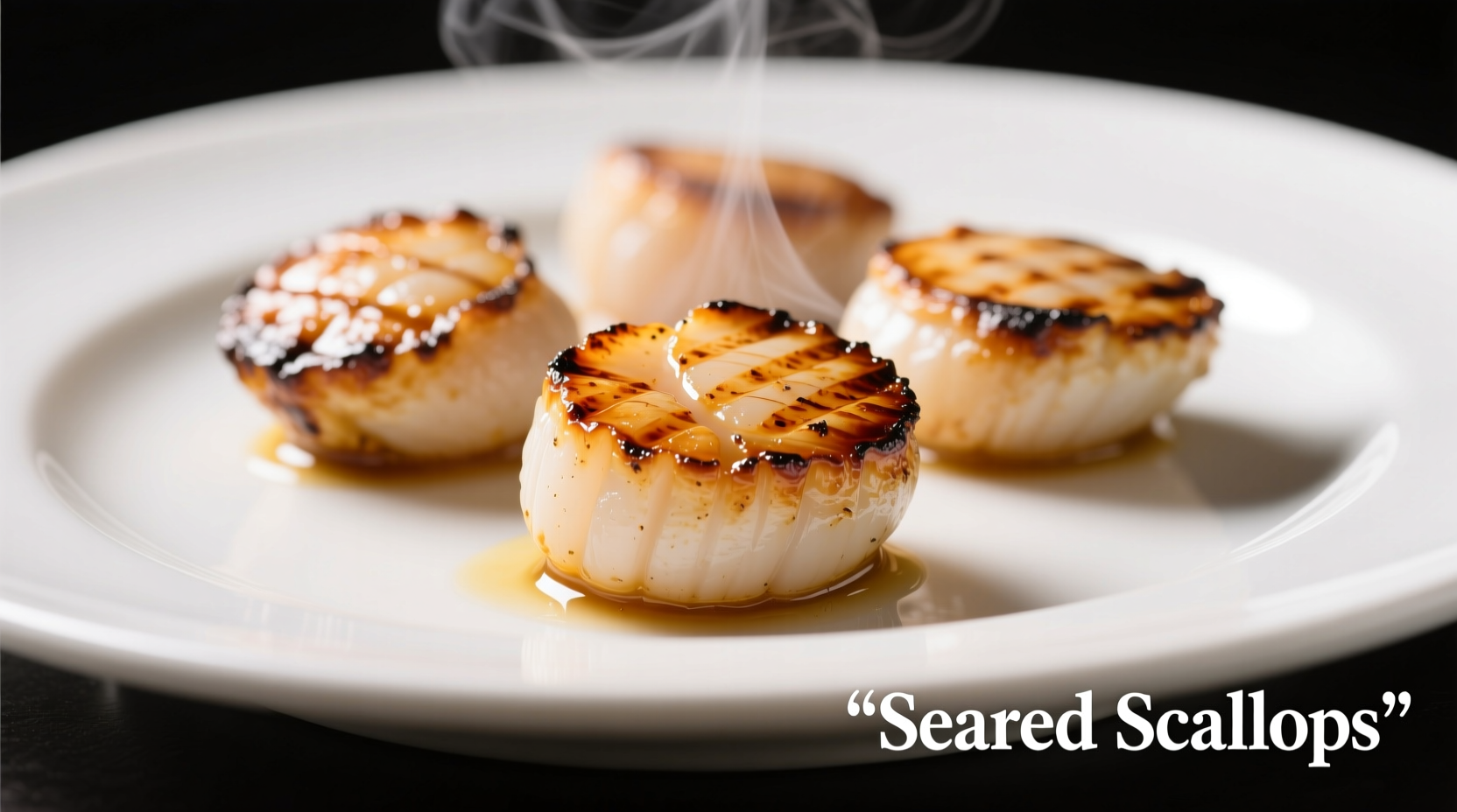 Perfectly seared scallops with golden crust on white plate