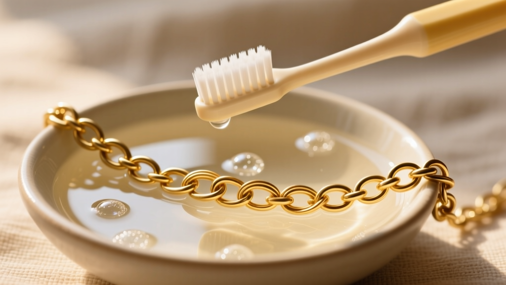 Soft baby toothbrush gently scrubbing a delicate 14k gold wire-wrapped chain link submerged in a bowl of warm soapy water.