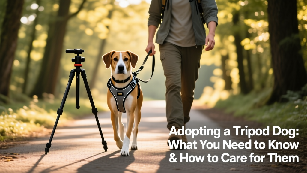 A tripod dog wearing a supportive harness, walking confidently beside its owner on a paved trail with trees in the background